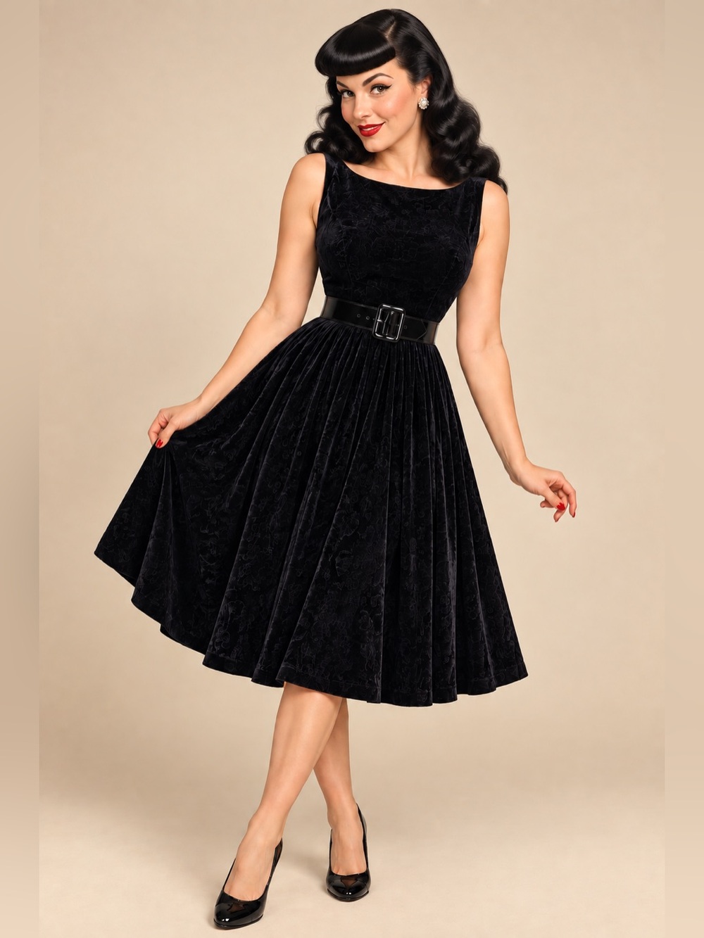 Lindy Bop Vintage-Style Navy Blue Velvet Boatneck Midi Dress — Size US M, EUC